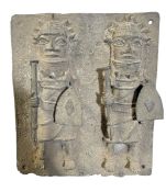 BENIN PEOPLE, NIGERIA BRONZE PLAQUE WITH TWO OBA WARRIORS HOLDING WEAPONS