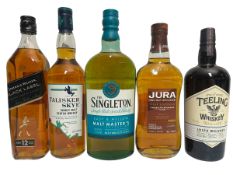 FIVE SINGLE MALT & BLENDED SCOTCH & IRISH WHISKY BOTTLES, TO INCLUDE TALISKER