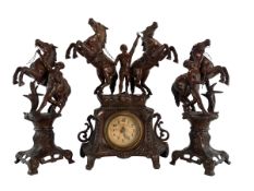 19TH CENTURY FRENCH BRONZED THREE PIECE CLOCK GARNITURE SET