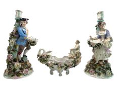 PAIR OF GERMAN SITZENDORF 19TH CENTURY PORCELAIN CANDLESTICKS & FOOTED BOWL