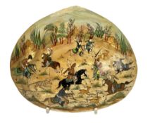 PERSIAN LATE 19TH CENTURY HAND PAINTED MOTHER OF PEARL SHELL WITH HUNTING SCENE