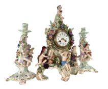 MEISSEN 19TH CENTURY HAND PAINTED PORCELAIN GARNITURE CLOCK WITH FOUR SEASONS