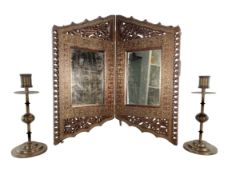 COLLECTION OF INDIAN KASHMIR BRASS INLAID FOLDING MIRROR & CANDLESTICKS
