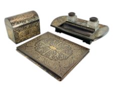 19TH CENTURY BRASS INLAID & COROMANDEL WOOD WRITING DESK SUITE