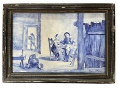 AFTER DAVID TENIERS - 19TH CENTURY DUTCH DELFT BLUE AND WHITE TILE PAINTING
