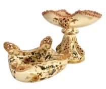 TWO HUNGARIAN ZSOLNAY LATE 19TH CENTURY HAND PAINTED PORCELAIN FOLDED ITEMS