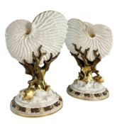 PAIR OF EARLY 20TH CENTURY ROYAL WORCESTER IVORY PORCELAIN NAUTILUS CENTREPIECES