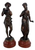 PAIR OF VICTORIAN BRONZE SCULPTURES BOY WITH FLUTE & CLASSICAL LADY