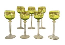 MANNER OF CRISTALLERIES SAINT LOUIS - 7 GREEN GLASS & AIR TWIST STEM GLASSES