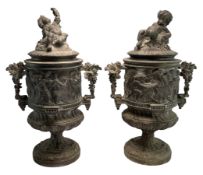 PAIR OF GRAND TOUR 19TH CENTURY SPELTER LIDDED URNS VASES WITH CHERUBS