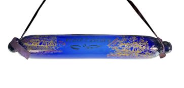 19TH CENTURY BRISTOL BLUE GLASS ROLLING PIN WITH NAUTICAL DECORATIONS
