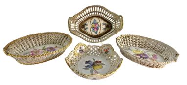 MEISSEN & DRESDEN PORCELAIN - FOUR 19TH CENTURY & LATER LATTICE WORK BASKETS