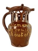YORKSHIRE POTTERY (BURTON IN LONSDALE) 19TH CENTURY POTTERY PUZZLE JUG