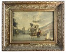ATTR. NICHOLAS POCOCK - MAN OF WAR ANCHORED - OIL ON CANVAS MARITIME PAINTING