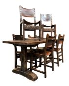 19TH CENTURY OAK WOOD FARMHOUSE REFECTORY DINING TABLE & SIX CHAIRS