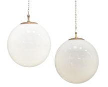 PAIR OF ART DECO EARLY 20TH CENTURY OPALINE GLASS & COPPER GLOBE CEILING LIGHTS