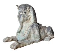 IMPRESSIVE CAST METAL GARDEN OUTDOOR SCULPTURE OF EGYPTIAN SPHINX