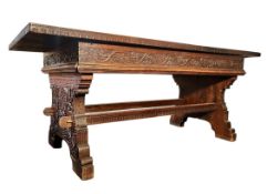 RENAISSANCE INSPIRED 19TH CENTURY CARVED WALNUT & ELM REFECTORY TABLE