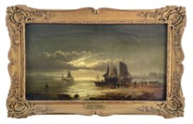 GEORGES WILLIAM THORNLEY - FISHERMEN & BARGES BY MOONLIGHT - OIL ON CANVAS PAINTING