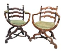 NEAR PAIR OF EARLY 19TH CENTURY OAK & WALNUT SAVONAROLA STYLE CHAIRS