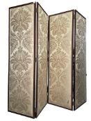 LIBERTY MANNER DAMASK UPHOLSTERED & MAHOGANY FRAMED FOUR FOLD SCREEN