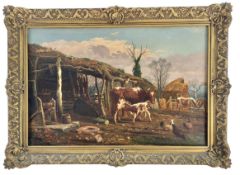 ATTR. JOHN FREDERICK HERRING JR - FARMYARD WITH COWS - OIL ON CANVAS PAINTING