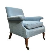 HOWARD & SON LONDON - LATE VICTORIAN MAHOGANY & BLUE UPHOLSTERED ARMCHAIR