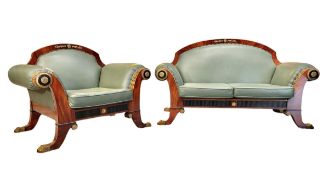 FRENCH EMPIRE STYLE MAHOGANY & BRASS EMBELLISHED TWO SEATER & ARMCHAIR