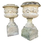 PAIR OF 19TH CENTURY STONE CAMPANA URNS ON STAND WITH GRAPE & VINE MOTIF