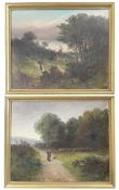 PAIR OF ROMANTIC 19TH CENTURY OIL ON CANVAS LANDSCAPE PAINTINGS WITH FIGURES