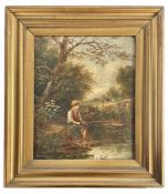 HENRY HARRIS (1852-1926) - YOUNG ANGLER - OIL ON CANVAS GENRE PAINTING