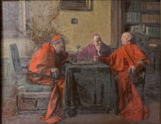 MAX BARASCUDTS (1869-1927) - CARDINALS PLAYING CHESS - OIL ON BOARD PAINTING