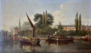 ATTR. SIR A. CALLCOTT RA (1779-1844) - BARGES ON THE THAMES - OIL ON CANVAS PAINTING