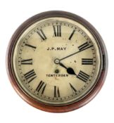 J P MAY OF TENTERDEN - 19TH CENTURY MAHOGANY CASED FUSEE STATION WALL CLOCK