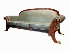 FRENCH EMPIRE INPIRED MAHOGANY & BRASS EMBELLISHED FOUR SEATER SOFA