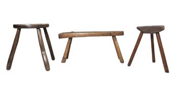 THREE 19TH CENTURY & LATER ELM WOOD RUSTIC WOODEN PIG BENCH & STOOLS