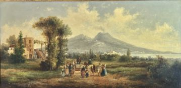 19TH CENTURY SCHOOL - GULF OF NAPLES & MT VESUVIUS - OIL ON CANVAS PAINTING