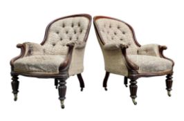 PAIR OF VICTORIAN 19TH CENTURY MAHOGANY & UPHOLSTERED BUTTON BACK ARMCHAIRS