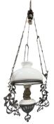 FRENCH 19TH CENTURY STYLE CAST METAL & MILK GLASS RISE & FALL CEILING LIGHT