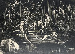 LILIAN WHITEHEAD (1894-1959) - BATHERS IN FOREST - WOOD ENGRAVING ON PAPER