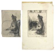 LILIAN WHITEHEAD (1894-1919) - ELDER SEATED LADY, C. 1919 - TWO ETCHINGS ON PAPER
