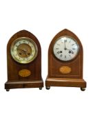 TWO EDWARDIAN INLAID MAHOGANY LANCET MANTEL CLOCKS