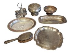 COLLECTION OF 20TH CENTURY SILVER PLATE DINNER SERVICE PIECES & SILVER HALLMARKED HAIRBRUSH