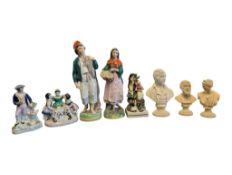 COLLECTION OF 19TH CENTURY STAFFORDSHIRE PORCELAIN FIGURES & 20TH CENTURY CLASSICAL BUSTS