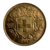 1947 SWISS GOLD TWENTY FRANCS