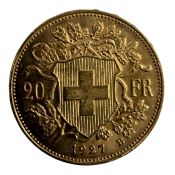 1927 SWISS GOLD TWENTY FRANCS