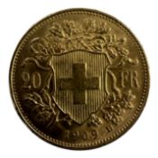 1909 SWISS GOLD TWENTY FRANCS
