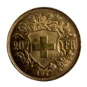 1947 SWISS GOLD TWENTY FRANCS