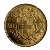1935 SWISS GOLD TWENTY FRANCS
