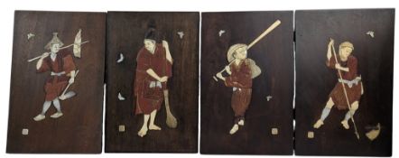 FOUR 19TH CENTURY JAPANESE MEIJI WOODEN PANELS WITH BONE & MOP INLAY